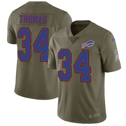 Nike Bills #34 Thurman Thomas Olive Men's Stitched NFL Limited Salute To Service Jersey - Click Image to Close